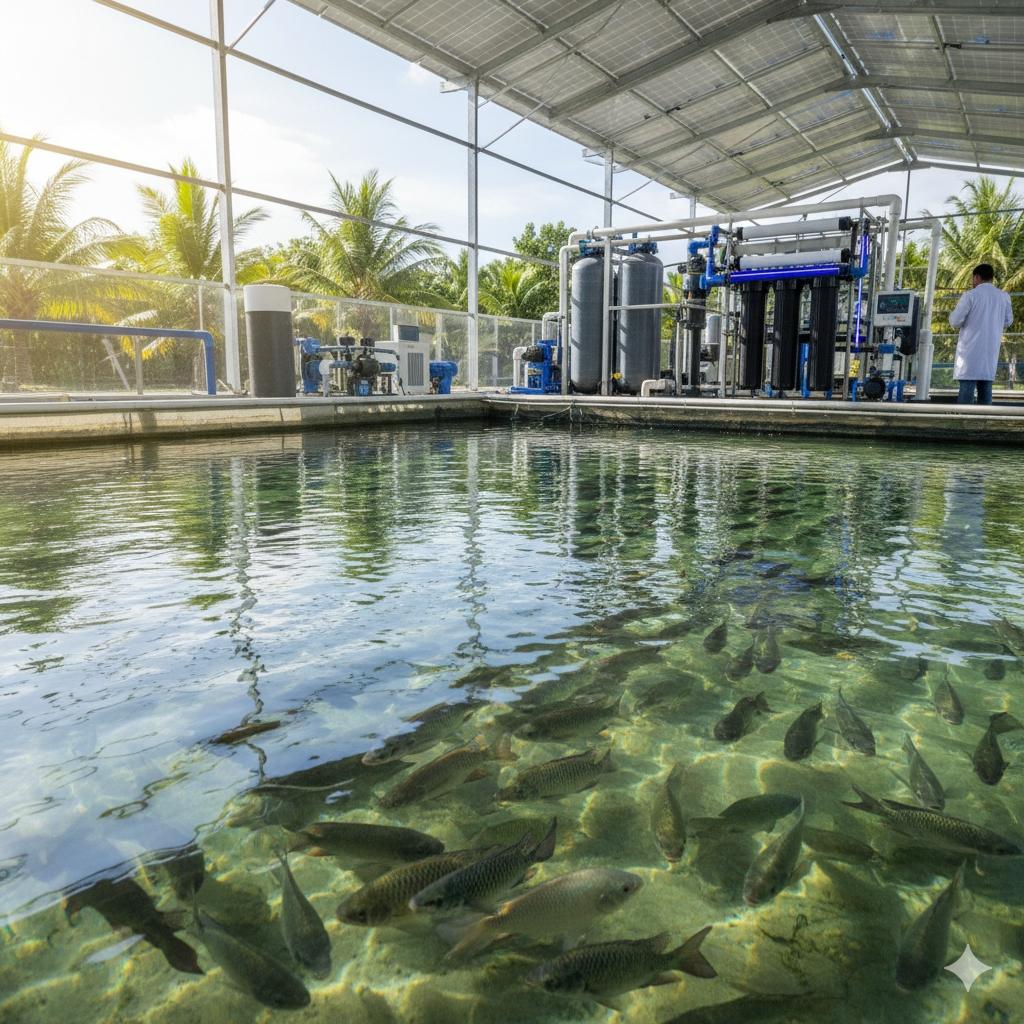 水產養殖池塘，池水清澈見底，魚群健康游動，背景有水處理設備