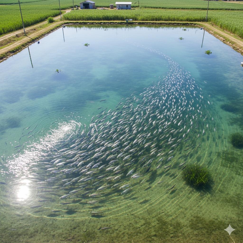 水產養殖池塘中的魚群，水面清澈，象徵良好水質