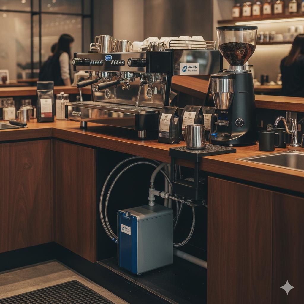 佳津淨水器安裝在咖啡廳的後廚或吧檯下方，與專業咖啡機、磨豆機等設備協同工作，展現其在商業環境中的應用。