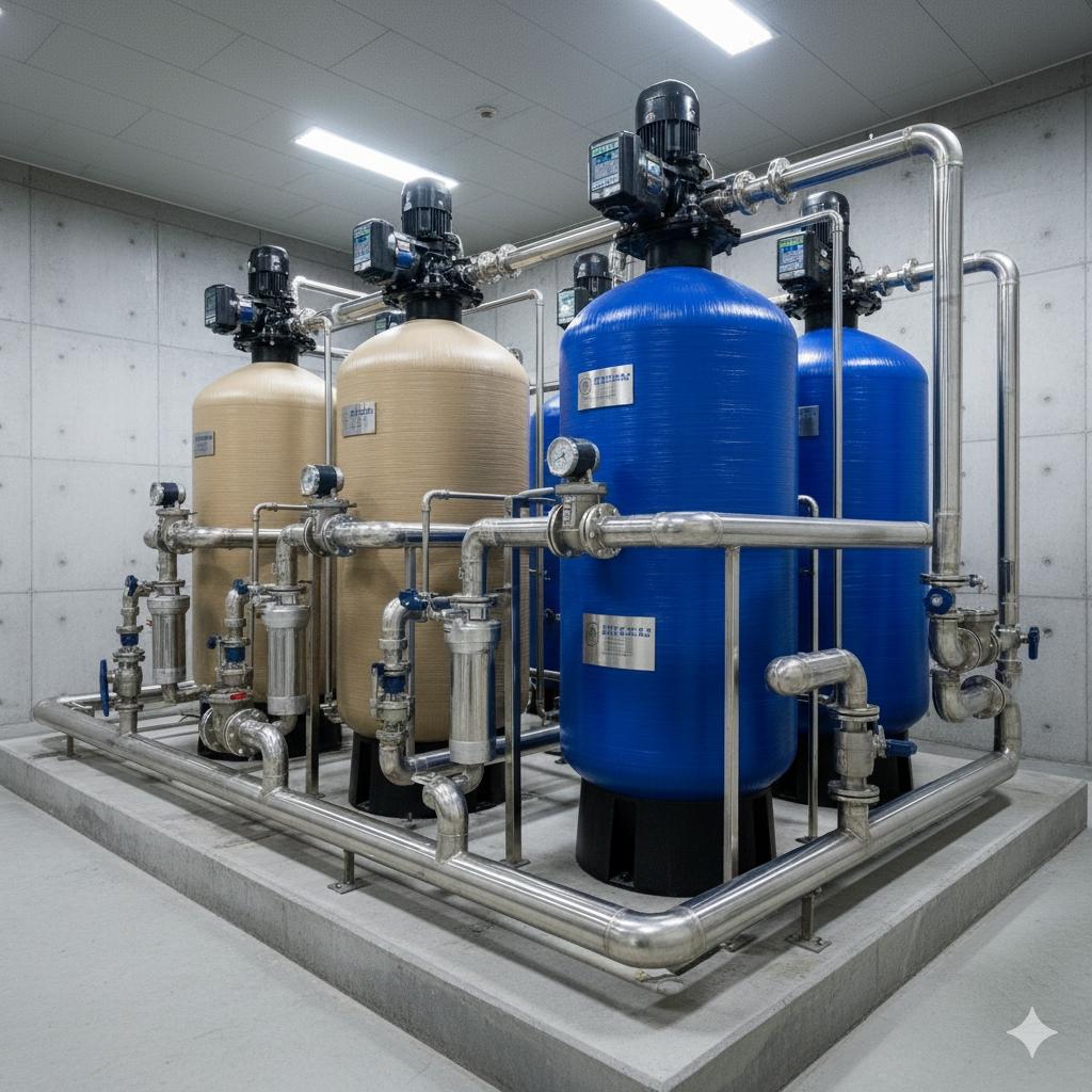 一套佳津淨水規劃的大型地下水處理工程設備，包含大型FRP過濾桶、自動控制閥與整齊的不鏽鋼管路系統