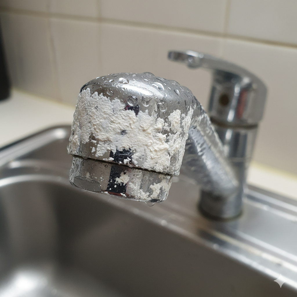 水龍頭上堆積的頑固白色水垢，是硬水造成的典型問題